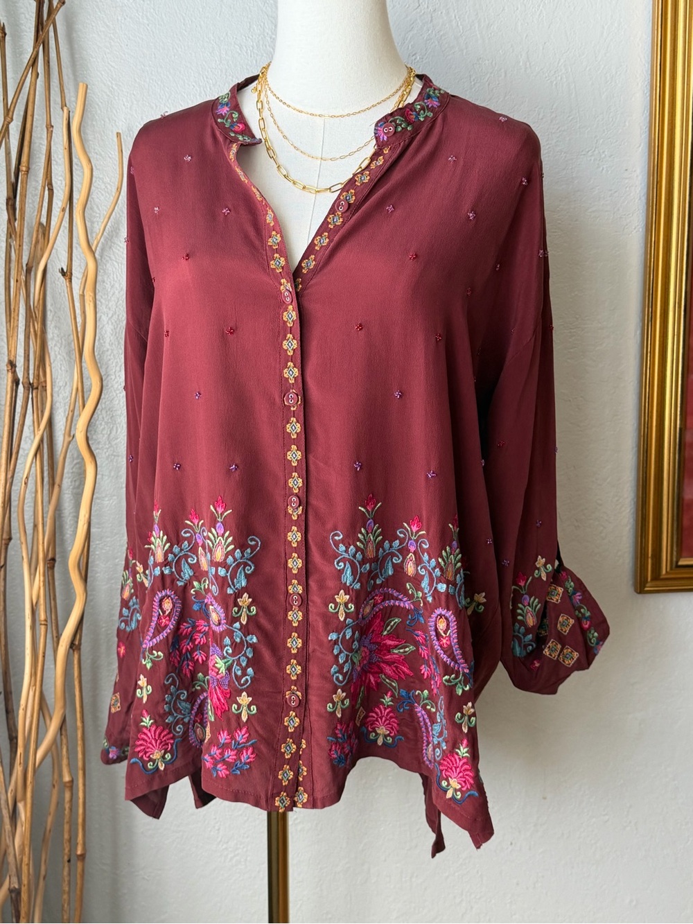 Johnny Was Beaded and Embroidered 100% Silk Button up Blouse Small
